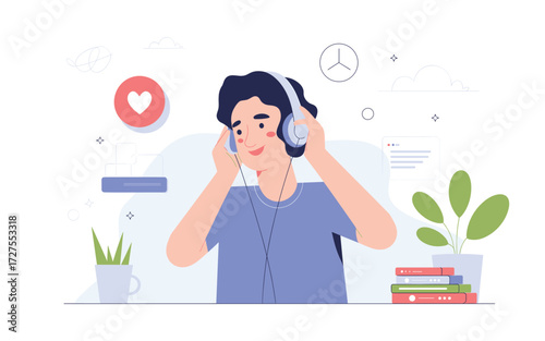 Young Man Enjoying Music with Headphones in a Minimalist Aesthetic Environment, Ideal for Relaxation, Leisure, or Online Class Illustrations