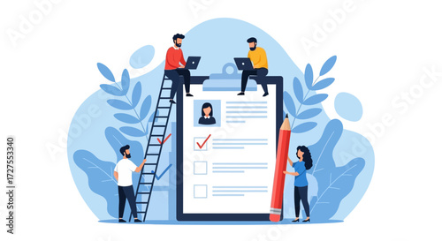 A team of professionals collaborates on a large checklist document, using laptops and a ladder to manage tasks and projects