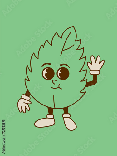 Retro eco leaf mascot in cartoon style, smiling and waving. Symbol of nature, organic lifestyle, sustainability, health, and freshness. Perfect for logo, label, sticker, or design.