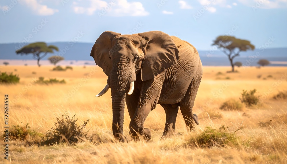 Fototapeta premium A lone elephant walks toward the camera in a savanna landscape under a bright, partly cloudy sky