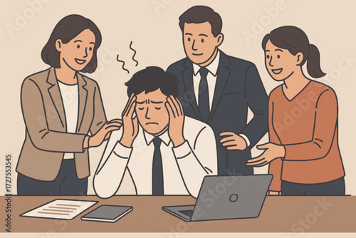 Stressed businessman overwhelmed by colleagues offering advice and support at his desk