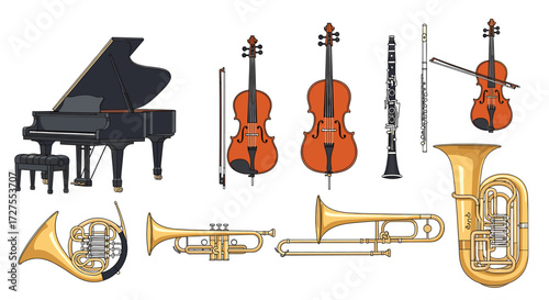 Musical Instruments Illustration: Piano, Strings, Woodwinds, and Brass - Orchestra, Concert, Symphony, Music Education, Instruments Collection, Composition, Arrangement, Isolated Elements.