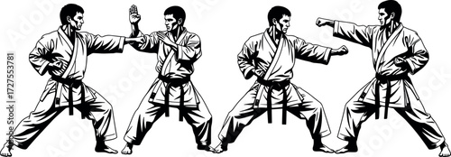 Karate martial artist in traditional gi performing fighting stances, self-defense techniques, black belt poses, vector illustration for training content