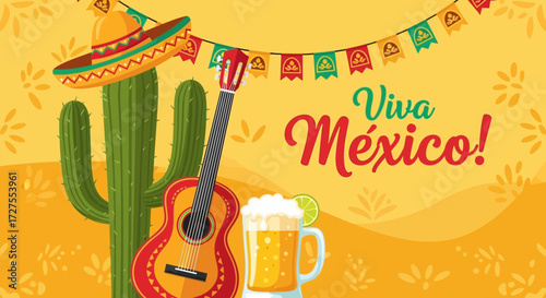 A vibrant mexican fiesta scene unfolds with a cactus adorned with a sombrero, a guitar, and a refreshing glass of beer, all under festive bunting and the celebratory phrase viva mxico