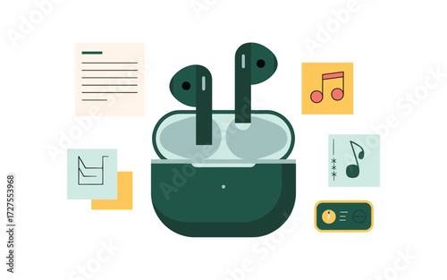 Wireless Earbuds Illustration with Music Notes and Symbols in Soft Colors, Perfect for Podcast, Listening to Music, or Productivity Concepts