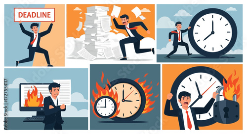 A stressed businessman rushes against time, overwhelmed by deadlines and burning paperwork, symbolizing intense work pressure and urgency