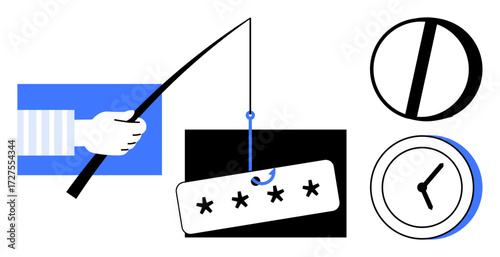 Fishing rod hooks password card, symbols represent sensitive data and timing. Ideal for security, hacking, cybercrime, phishing, urgency, vigilance digital threats. Flat design simple metaphor