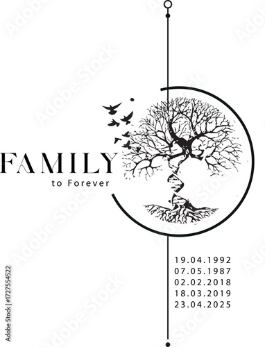 Family tree design with significant dates and birds flying above in a simple, elegant style for personal connection and remembrance Generative AI