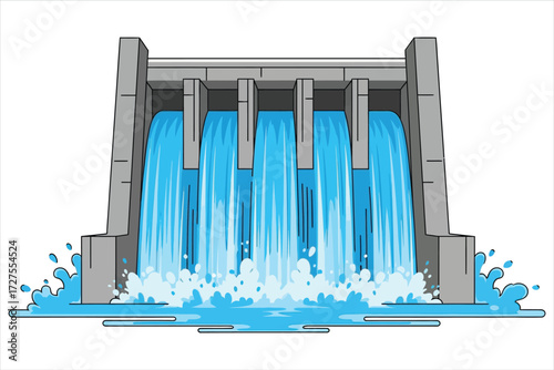 Vector art of a cartoon dam with water flowing through the gates, creating a powerful cascade and splashing into a pool below, the dam is made of concrete
