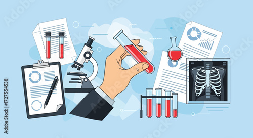 A scientist holds a test tube with red liquid, surrounded by medical equipment like a microscope, xray, and lab documents, symbolizing scientific research and healthcare