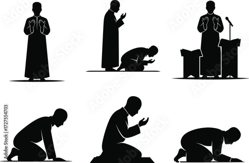 PrintIslamic prayer positions, Muslim worship silhouettes, Salah postures, bowing, prostration, kneeling, sitting, standing, religious ritual, faith devotion, spiritual practice, daily worship