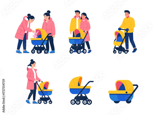 A set of flat-style illustrations showing families and parents with colorful baby strollers in different poses and scenarios.