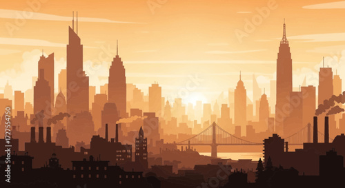 A sprawling industrial cityscape at sunset, with towering skyscrapers and factories emitting smoke, under a hazy orange sky