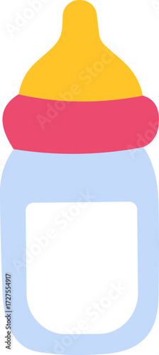 A colorful baby bottle featuring a yellow nipple and a pink collar on a light blue body stands upright, evoking a modern and simple design