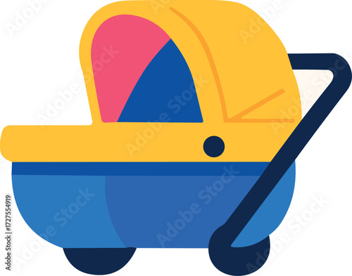A colorful illustration of a baby stroller in yellow, blue, and pink with a modern flat design.