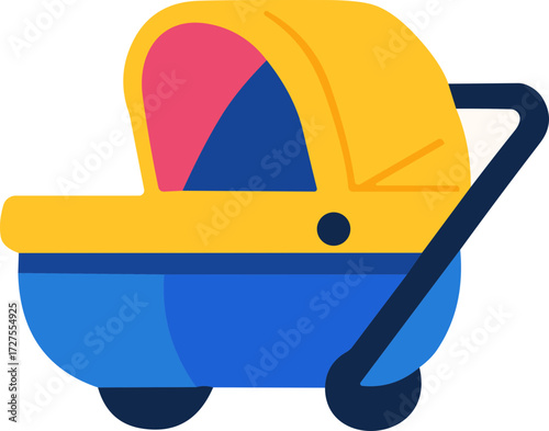 A colorful illustration of a baby stroller in yellow, blue, and pink with a modern flat design.