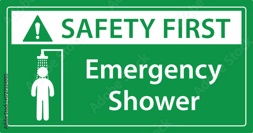 Emergency shower sign and symbol in green and white. shower  sign, logo, badge, icon, sticker, label, emblem, stamp, symbol, black, line, flat vector, isolated illustration.