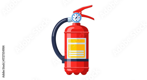 A bright red fire extinguisher with a black hose and a pressure gauge on top, isolated on a white background, ready for emergency use