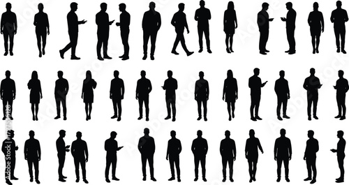 Silhouette people collection, walking standing figures, human posture poses, business casual men women, crowd illustration, vector design, body language concept