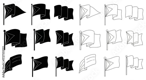 A diverse collection of flag illustrations showcasing various styles, including solid silhouettes and outline drawings, all depicted in motion as if waving in the wind