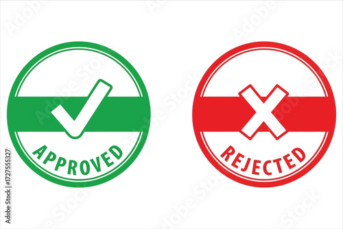 Vector art of approved and rejected stamp icons in green and red, with a checkmark and cross respectively, the stamps are circular with bold text