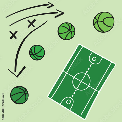  Basketball court with tactical arrows, player marks, and multiple balls illustration, showing coaching plan, sports training concept, and strategic game movement for team analysis.