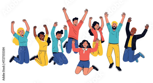 A diverse group of happy people jumping in the air with their arms raised in celebration of success and unity