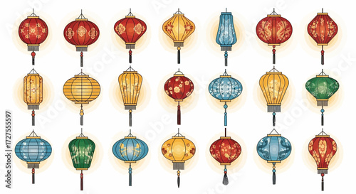 A vibrant collection of traditional chinese lanterns in various colors and intricate designs, suspended against a clean white background, evoking a festive and cultural atmosphere