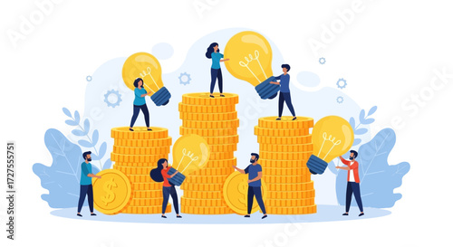 A diverse team of people collaborates to stack coins and hold glowing lightbulbs, symbolizing business growth, financial investment, and innovative ideas