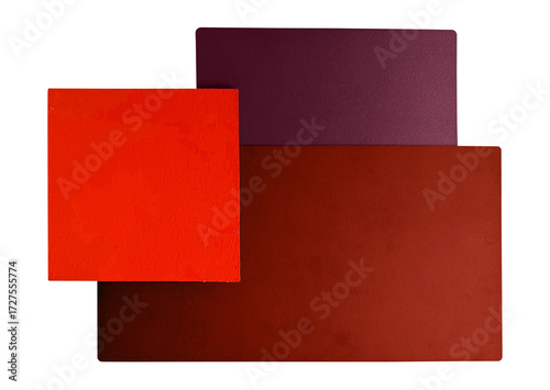 interior mood and tone material samples in red colors tone including painted wood, solid color laminated isolated on background with clipping path. matte color finished materials.  