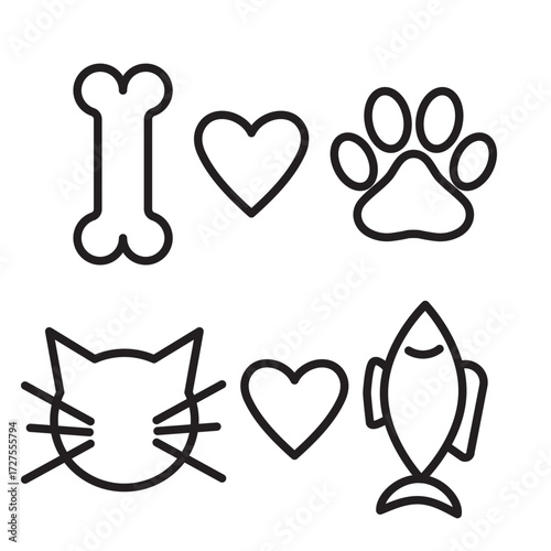 I LOVE DOGS and CAT LOVES FISH linear icons set isolated on transparent background. Outline symbols include bone, heart, paw, cat and fish. Simple pet shop icon collection with editable stroke.