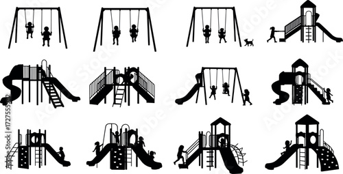 Playground silhouette set of children playing on swings, slides, climbing structures, outdoor activity icons for kids recreation design