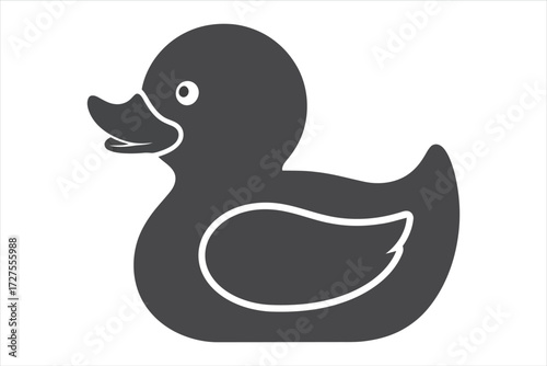 Vector art of a simple black silhouette of a rubber duck, a classic toy and symbol of childhood bath time fun and playful innocence