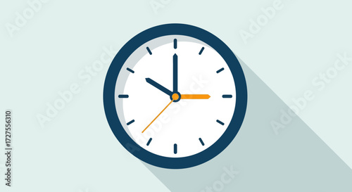 A classic analog clock with dark blue casing and white face, showing the time with black hour and minute hands and a thin orange second hand, casting a long shadow on a light blue background