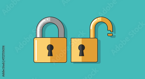 Two golden padlocks are shown sidebyside, one securely closed and the other unlocked, symbolizing security and access