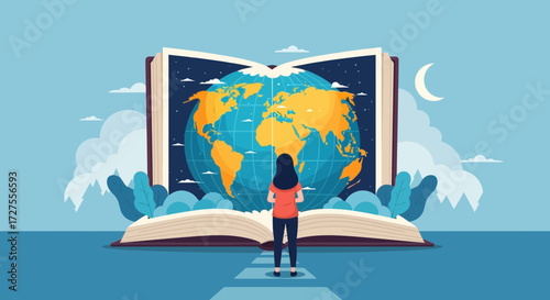 A young girl stands before an open book displaying a vibrant globe, symbolizing the vast world of knowledge and exploration awaiting discovery