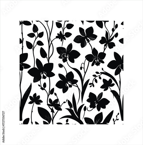 Monochrome Floral Silhouette Illustration Featuring a Dense Arrangement of Orchid Flowers, Foliage, and Stems in a Seamless Pattern