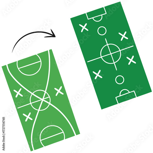 Soccer field tactics illustration with arrow strategy, coaching plan, and player formation diagram, ideal for sports training, match analysis, and team management design concepts.
