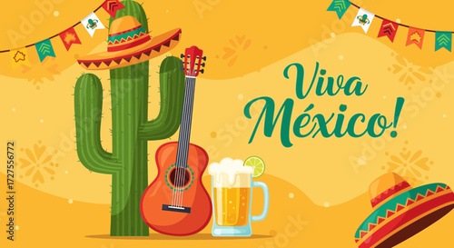 Celebrate viva mexico with a festive scene featuring a cactus adorned with a sombrero, a guitar, and a refreshing beer, all under colorful party banners