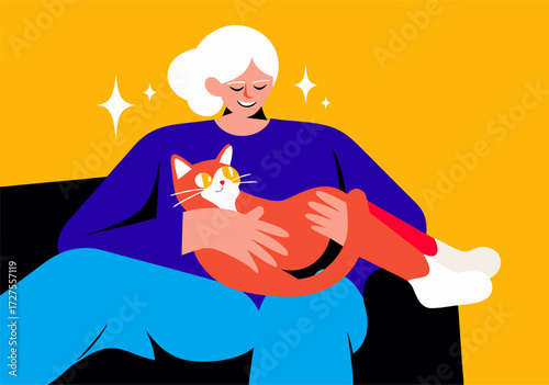 Senior Person Pets Contented Cat on Lap: Illustration of Home Comfort & Emotional Well-being