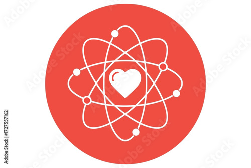 Illustration of an atom with a heart at its center, symbolizing the love of science and the importance of scientific research