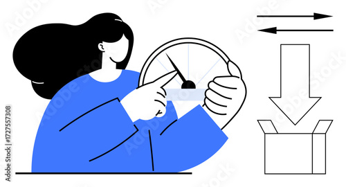 Woman interacting with speedometer, arrows representing direction, and box suggesting output or delivery. Ideal for speed, progress, workflow, optimization, logistics loading efficiency. Simple