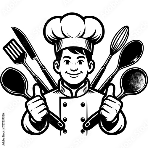 Chef Emblem: A skilled chef with a friendly smile, surrounded by culinary tools. This illustration embodies the art of cooking, culinary expertise, and the joy of preparing a delightful dish.
