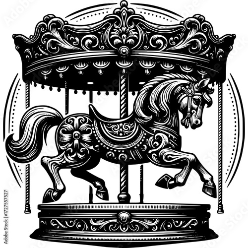 Carousel Horse Carved: A beautifully carved carousel horse, meticulously illustrated, set against a vintage background, creating a timeless depiction of joy and nostalgia.