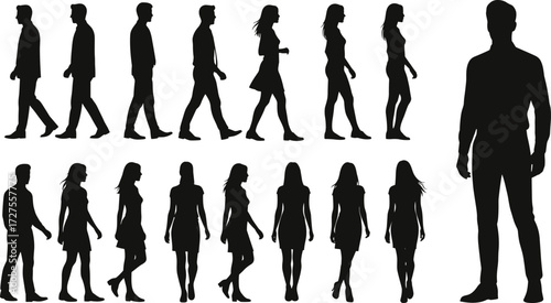 Silhouette people walking standing poses, human figures collection, black outline characters, crowd illustration, vector design, posture movement reference, fashion art