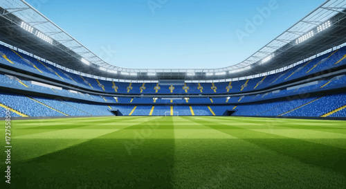 An empty, modern football stadium with bright blue seats and a meticulously manicured green field under a clear blue sky