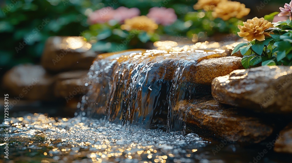 Fototapeta premium Tranquil waterfall flows over rocks, flowers bloom in background