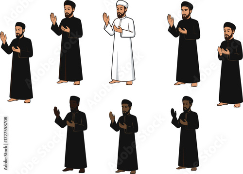 PrintMuslim men praying illustration, Islamic worship group, traditional attire, cultural diversity, hands raised in dua, silhouette, religion, spirituality, devotion, art design