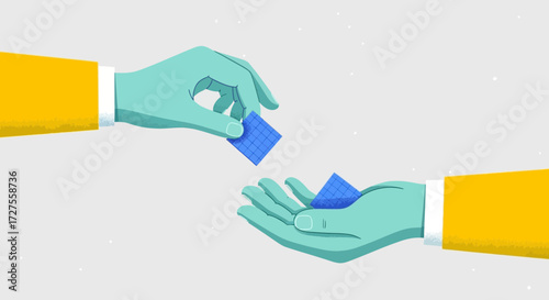 A teal hand in a yellow sleeve carefully places a blue geometric cube into an open palm of another teal hand, symbolizing exchange and collaboration