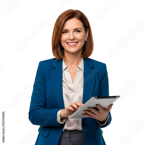 Portrait of a smiling mature businesswoman in a blue jacket holding a digital tablet, isolated on a white background